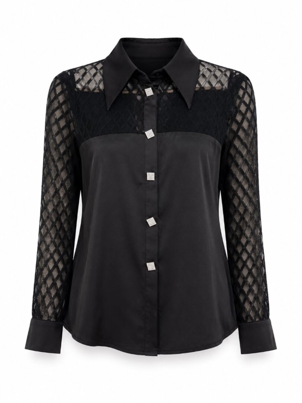 La'Ros Lace Sleeve Button Down Shirt with Crystal Buttons